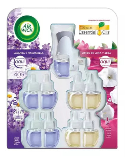 Airwick 9 refills +1 aparato (lirios de luna y seda + lavanda y manzanilla)